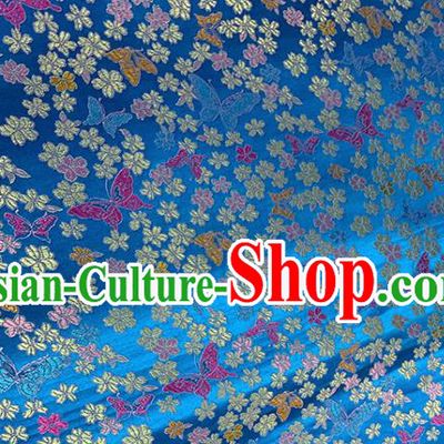 Chinese Classical Butterfly Plum Pattern Design Blue Brocade Fabric Asian Traditional Satin Tang Suit Silk Material