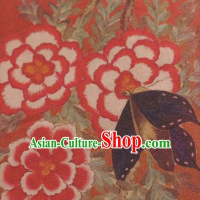 Chinese Classical Peony Butterfly Pattern Design Orange Mulberry Silk Fabric Asian Traditional Cheongsam Silk Material