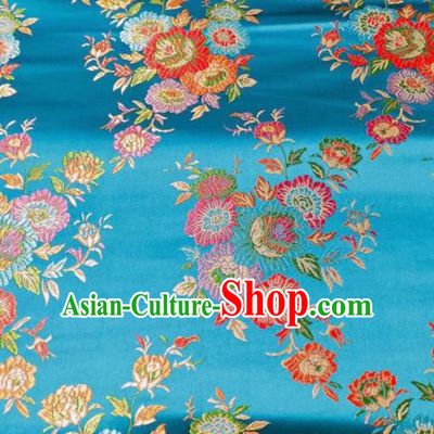 Chinese Classical Royal Flowers Pattern Design Blue Brocade Fabric Asian Traditional Satin Tang Suit Silk Material