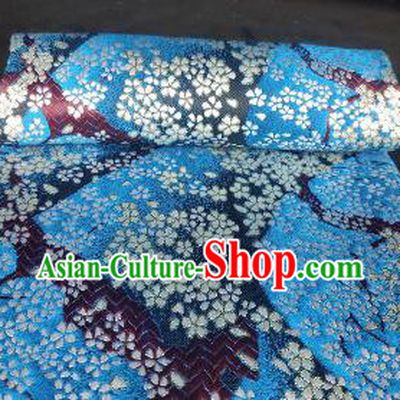 Japanese Classical Sakura Pattern Design Blue Brocade Fabric Asian Traditional Satin Kimono Silk Material