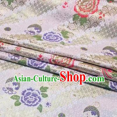 Japanese Classical Peony Pattern Design White Brocade Fabric Asian Traditional Satin Silk Material