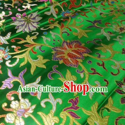 Chinese Royal Twine Floral Pattern Design Green Brocade Fabric Asian Traditional Satin Silk Material