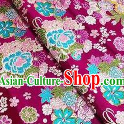 Chinese Royal Daisy Peony Pattern Design Wine Red Brocade Fabric Asian Traditional Satin Silk Material