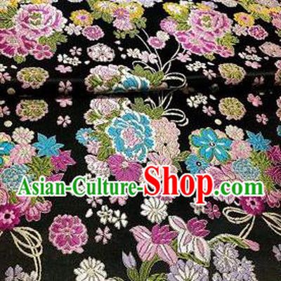 Chinese Royal Daisy Peony Pattern Design Black Brocade Fabric Asian Traditional Satin Silk Material