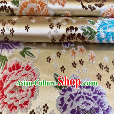 Chinese Classical Embroidered Peony Pattern Design Light Golden Brocade Fabric Asian Traditional Satin Silk Material