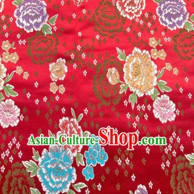 Chinese Classical Embroidered Peony Pattern Design Red Brocade Fabric Asian Traditional Satin Silk Material
