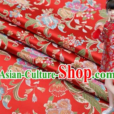 Chinese Classical Flourish Flowers Pattern Design Red Brocade Fabric Asian Traditional Satin Silk Material