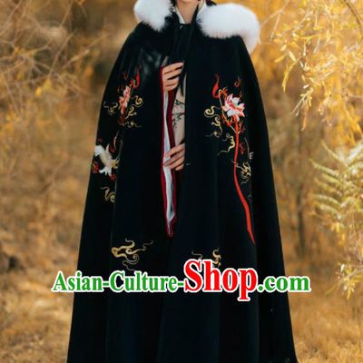 Chinese Ancient Princess Embroidered Lotus Black Cloak Traditional Ming Dynasty Court Lady Costume for Women