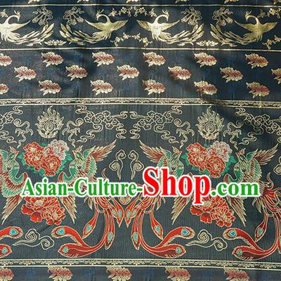 Chinese Royal Phoenix Peony Pattern Design Navy Brocade Fabric Asian Traditional Horse Face Skirt Satin Silk Material