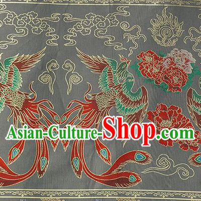 Chinese Royal Phoenix Peony Pattern Design Grey Brocade Fabric Asian Traditional Horse Face Skirt Satin Silk Material