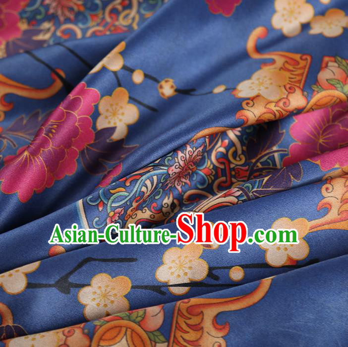 Chinese Classical Plum Quadripod Pattern Design Blue Satin Fabric Asian Traditional Cheongsam Silk Material Chinese Classical Plum Quadripod Pattern Design Blue Satin Fabric Asian Traditional Cheongsam Silk Material