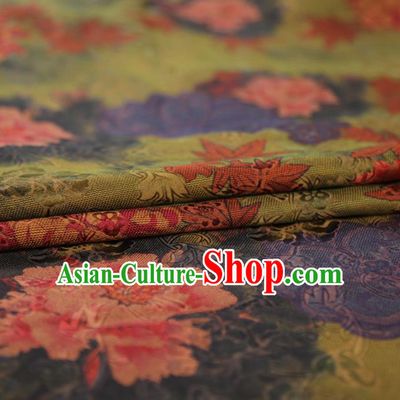 Chinese Classical Peony Maple Leaf Pattern Design Olive Green Gambiered Guangdong Gauze Fabric Asian Traditional Cheongsam Silk Material