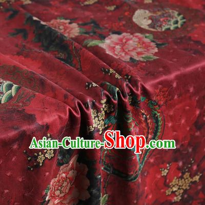 Chinese Classical Peony Plum Pattern Design Purplish Red Gambiered Guangdong Gauze Fabric Asian Traditional Cheongsam Silk Material