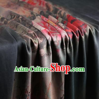 Chinese Classical Printing Peony Pattern Design Dark Green Gambiered Guangdong Gauze Fabric Asian Traditional Cheongsam Silk Material