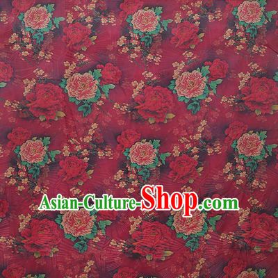 Chinese Classical Printing Peony Pattern Design Wine Red Gambiered Guangdong Gauze Fabric Asian Traditional Cheongsam Silk Material