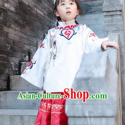 Chinese Traditional Girls Embroidered White Blouse and Skirt Ancient Ming Dynasty Princess Costume for Kids