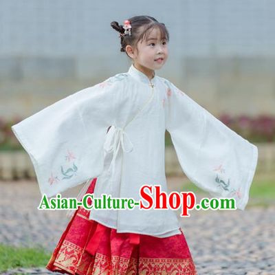 Chinese Traditional Girls Embroidered White Gown and Red Skirt Ancient Ming Dynasty Princess Costume for Kids