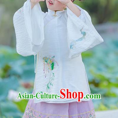Chinese Traditional Girls Embroidered White Gown and Lilac Skirt Ancient Ming Dynasty Princess Costume for Kids