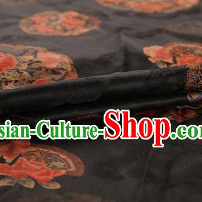 Chinese Classical Peony Pattern Design Black Gambiered Guangdong Gauze Fabric Asian Traditional Cheongsam Silk Material