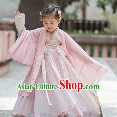 Chinese Traditional Girls Embroidered Pink Blouse and Skirt Ancient Ming Dynasty Princess Costume for Kids