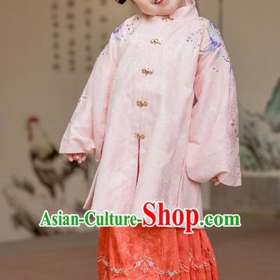 Chinese Traditional Girls Embroidered Pink Blouse and Red Skirt Ancient Ming Dynasty Princess Costume for Kids