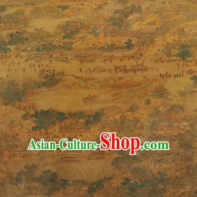 Chinese Classical Printing Forbidden City Pattern Design Ginger Gambiered Guangdong Gauze Fabric Asian Traditional Cheongsam Silk Material