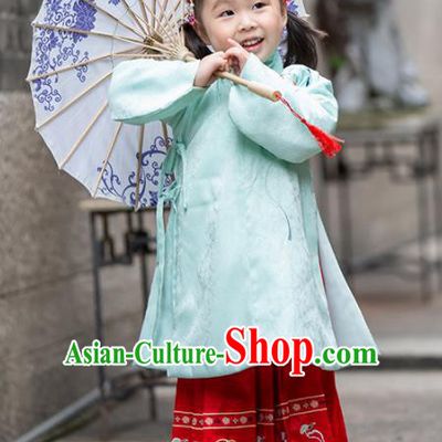 Chinese Traditional Girls Embroidered Green Blouse and Red Skirt Ancient Ming Dynasty Princess Costume for Kids