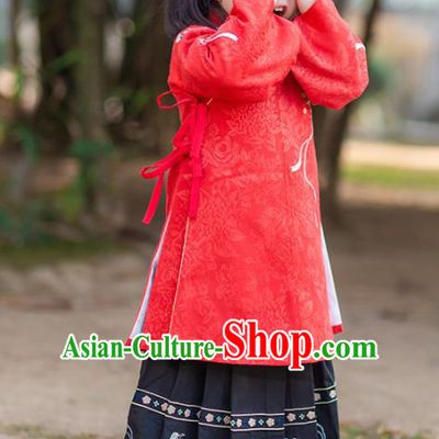 Chinese Traditional Girls Embroidered Red Blouse and Black Skirt Ancient Ming Dynasty Princess Costume for Kids