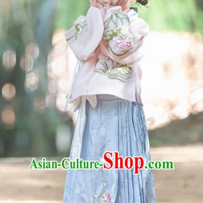 Chinese Traditional Girls Embroidered Lotus Pink Blouse and Blue Skirt Ancient Ming Dynasty Princess Costume for Kids