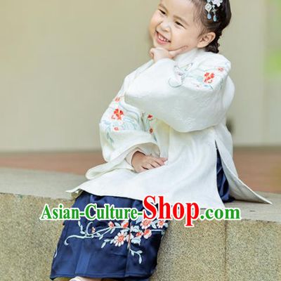Chinese Traditional Girls Embroidered White Blouse and Navy Skirt Ancient Ming Dynasty Princess Costume for Kids