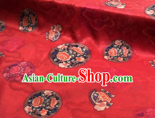 Asian Chinese Traditional Peony Pattern Design Red Gambiered Guangdong Gauze Fabric Silk Material