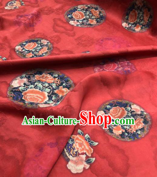 Asian Chinese Traditional Peony Pattern Design Red Gambiered Guangdong Gauze Fabric Silk Material
