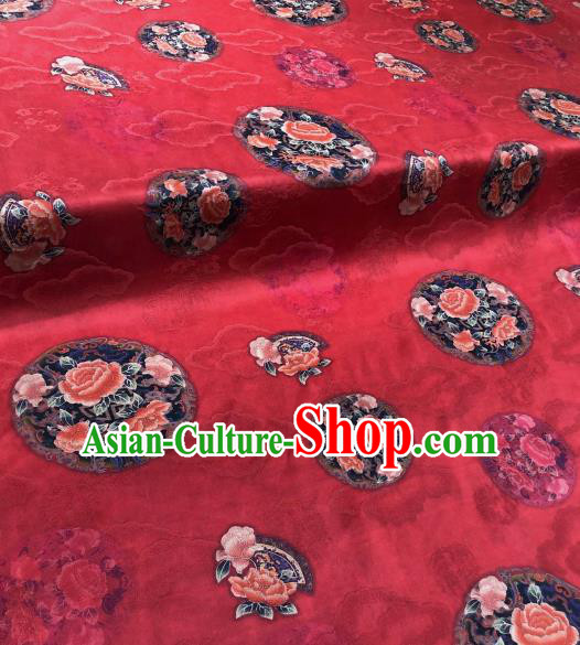 Asian Chinese Traditional Peony Pattern Design Red Gambiered Guangdong Gauze Fabric Silk Material
