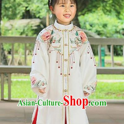 Chinese Traditional Girls Embroidered White Cape and Skirt Ancient Ming Dynasty Princess Costume for Kids