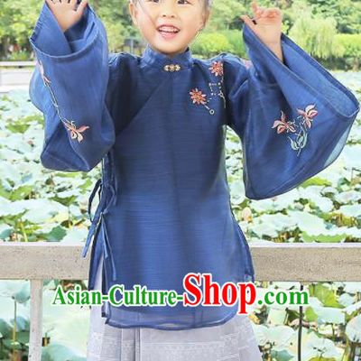 Chinese Traditional Girls Embroidered Navy Blouse and Skirt Ancient Ming Dynasty Princess Costume for Kids
