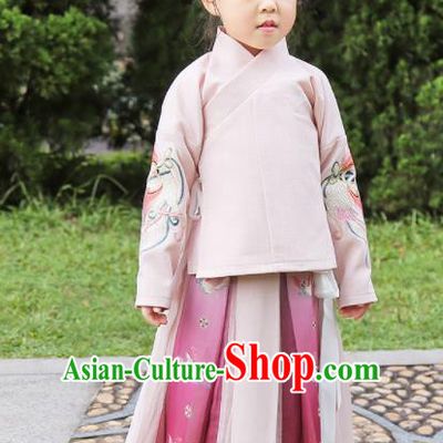 Chinese Traditional Girls Embroidered Pink Blouse and Skirt Ancient Ming Dynasty Princess Costume for Kids
