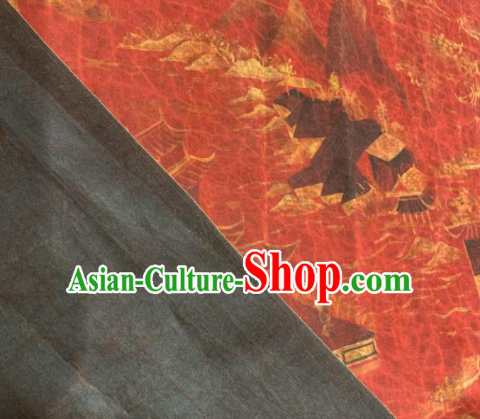 Asian Chinese Traditional Pavilions Pattern Design Red Gambiered Guangdong Gauze Fabric Silk Material Asian Chinese Traditional Pavilions Pattern Design Red Gambiered Guangdong Gauze Fabric Silk Material