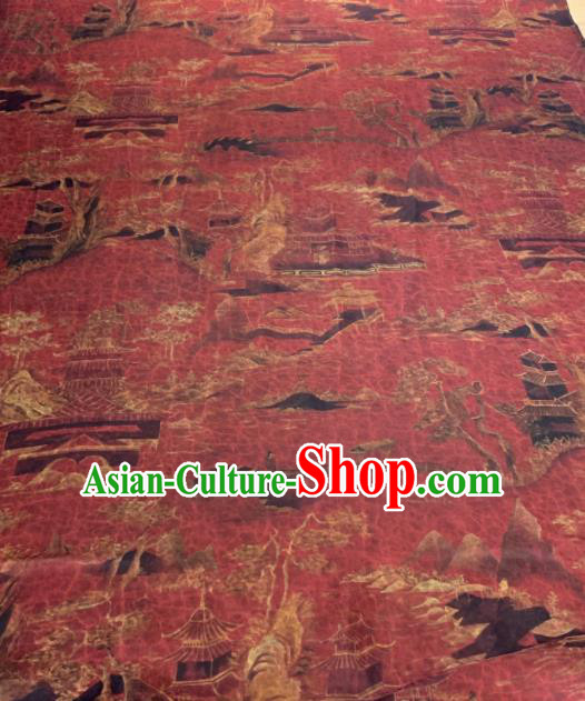 Asian Chinese Traditional Pavilions Pattern Design Red Gambiered Guangdong Gauze Fabric Silk Material Asian Chinese Traditional Pavilions Pattern Design Red Gambiered Guangdong Gauze Fabric Silk Material