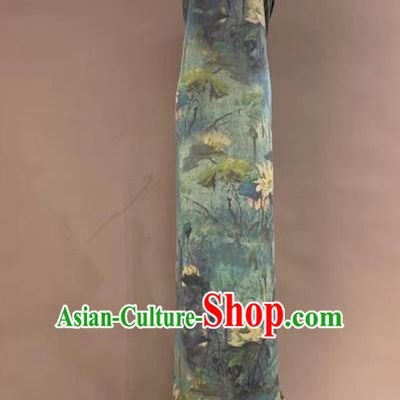 Asian Chinese Traditional Lotus Pattern Design Blue Gambiered Guangdong Gauze Fabric Silk Material