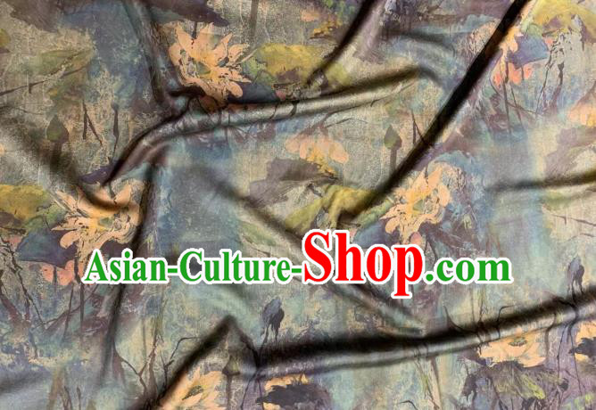 Asian Chinese Traditional Lotus Pattern Design Blue Gambiered Guangdong Gauze Fabric Silk Material Asian Chinese Traditional Lotus Pattern Design Blue Gambiered Guangdong Gauze Fabric Silk Material