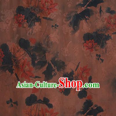 Chinese Classical Printing Lotus Pattern Design Brown Gambiered Guangdong Gauze Fabric Asian Traditional Cheongsam Silk Material