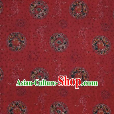 Chinese Classical Printing Crane Peony Pattern Design Red Gambiered Guangdong Gauze Fabric Asian Traditional Cheongsam Silk Material