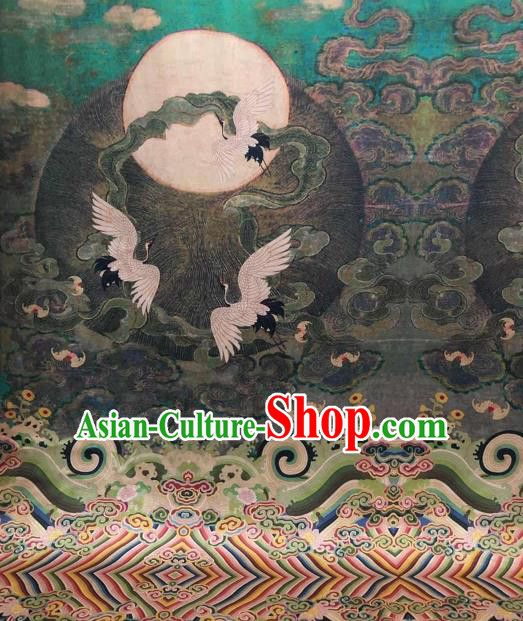 Asian Chinese Traditional Crane Pattern Design Green Gambiered Guangdong Gauze Fabric Silk Material