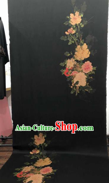 Asian Chinese Traditional Peony Pattern Design Black Gambiered Guangdong Gauze Fabric Silk Material Asian Chinese Traditional Peony Pattern Design Black Gambiered Guangdong Gauze Fabric Silk Material