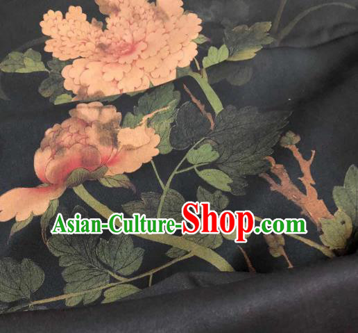 Asian Chinese Traditional Peony Pattern Design Black Gambiered Guangdong Gauze Fabric Silk Material Asian Chinese Traditional Peony Pattern Design Black Gambiered Guangdong Gauze Fabric Silk Material