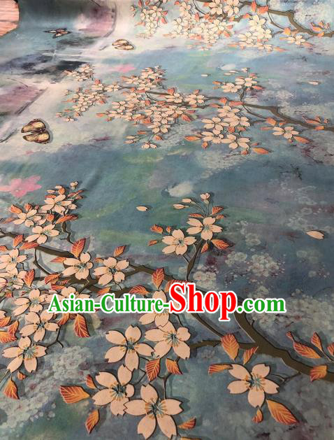 Asian Chinese Traditional Pear Flowers Pattern Design Blue Gambiered Guangdong Gauze Fabric Silk Material Asian Chinese Traditional Pear Flowers Pattern Design Blue Gambiered Guangdong Gauze Fabric Silk Material