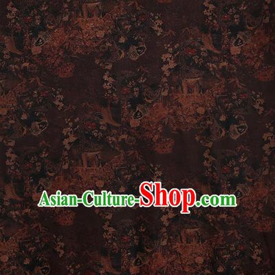 Chinese Classical Jacquard Plum Pattern Design Deep Brown Gambiered Guangdong Gauze Fabric Asian Traditional Cheongsam Silk Material