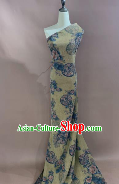 Asian Chinese Traditional Peony Fan Pattern Design Yellow Gambiered Guangdong Gauze Fabric Silk Material Asian Chinese Traditional Peony Fan Pattern Design Yellow Gambiered Guangdong Gauze Fabric Silk Material