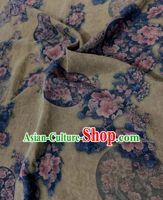 Asian Chinese Traditional Peony Fan Pattern Design Yellow Gambiered Guangdong Gauze Fabric Silk Material Asian Chinese Traditional Peony Fan Pattern Design Yellow Gambiered Guangdong Gauze Fabric Silk Material