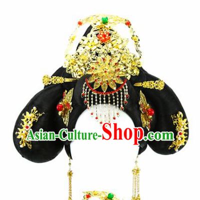 Chinese Ancient Princess Golden Hair Crown and Wigs Hair Accessories Drama Imperial Concubine Chignon for Women